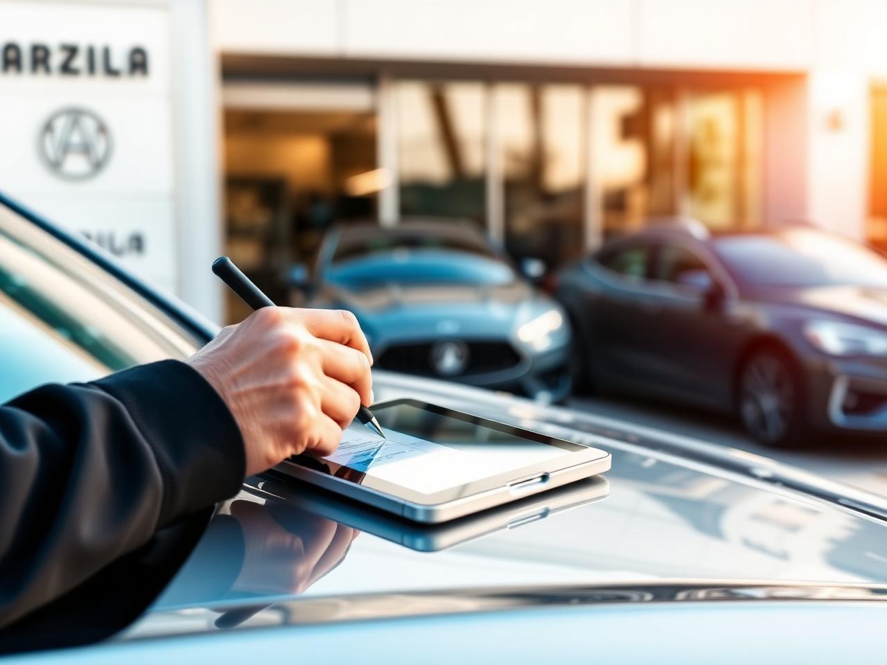 Cliente assinando contrato digitalmente em tablet sobre o capô do carro com a assinatura digital do ItCar