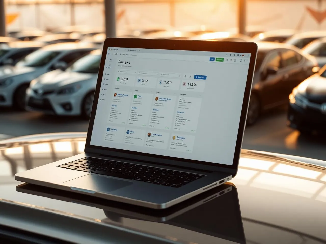 Painel do ERP do ItCar Sistemas para revenda de veículos em um notebook sobre mesa de escritório