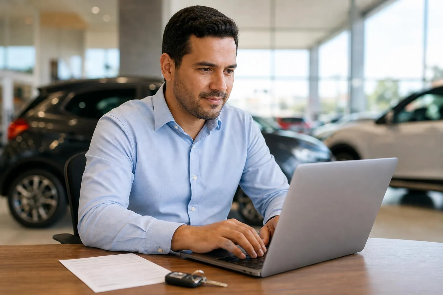 Gerente de revenda de veículos emitindo nota fiscal eletrônica de veículo no notebook do ItCar