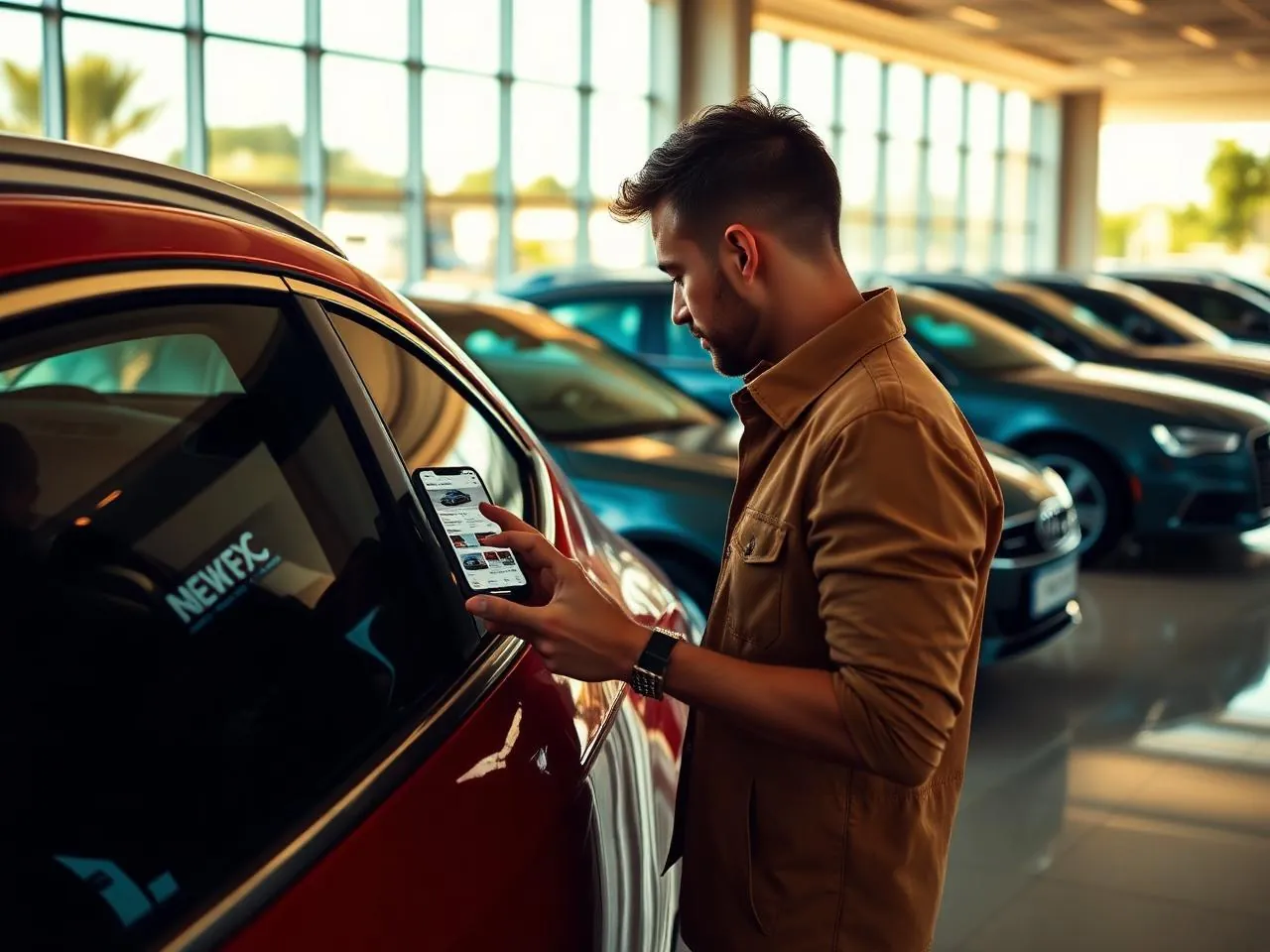 Cliente consultando o site da loja de veículos no celular ao lado de um carro no pátio da revenda